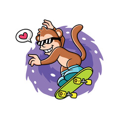 Cute monkey playing skateboard. Cartoon vector illustration isolated on premium vector