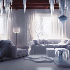 Cold frozen ice in scandinavian living room as winter concept (Generative AI)