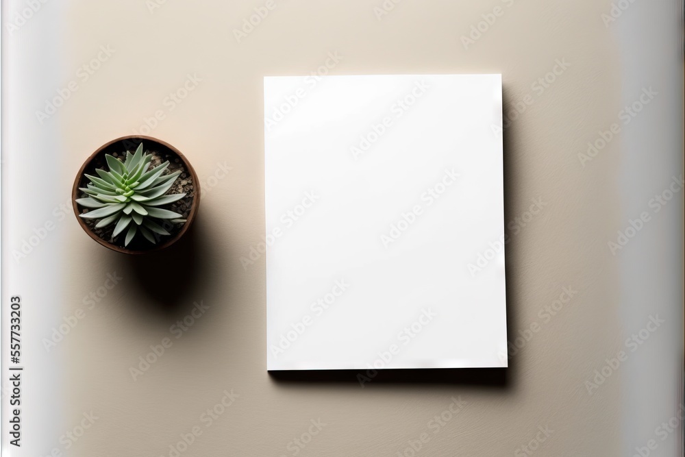 Poster a white paper and a plant on a table top with a white background and a white sheet of paper., genera