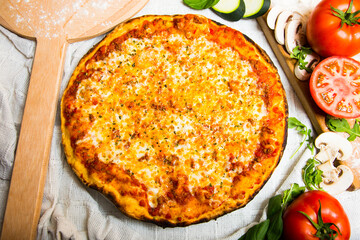 Margherita Pizza. Neapolitan pizza made with San Marzano tomatoes, mozzarella cheese, fresh basil,...
