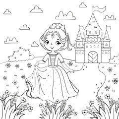 Page of coloring book with a girl and a princess on a background of a magic castle. Design for kids. Vector illustration in a cartoon style.