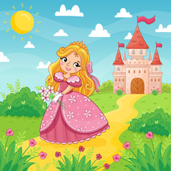 Cute little girl and princess in a pink beautiful dress stand on a background of a castle in a green meadow. Vector illustration in a cartoon style.