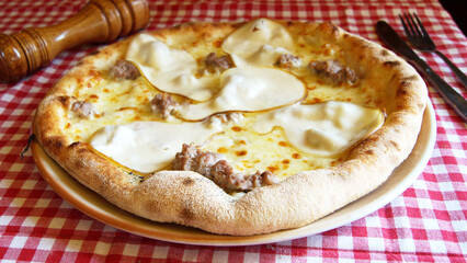 Sausage Pizza. Neapolitan pizza with tomato sauce, cheese, pork sausage meat. Authentic Italian recipe.