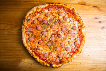 Sausage Pizza. Neapolitan pizza with tomato sauce, cheese, pork sausage meat. Authentic Italian recipe.