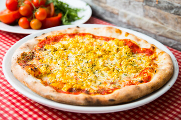 Sausage Pizza. Neapolitan pizza with tomato sauce, cheese, pork sausage meat. Authentic Italian recipe.