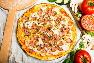 Sausage Pizza. Neapolitan pizza with tomato sauce, cheese, pork sausage meat. Authentic Italian recipe.
