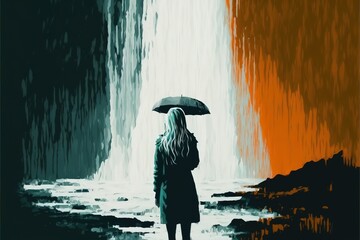 A girl with an umbrella stands under a waterfall