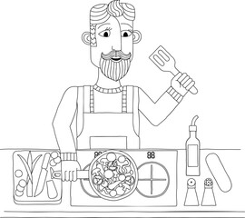 A scene of a man cooking or preparing a healthy meal like vegetable curry or Chinese food a kitchen. In an abstract cubist flat modern cartoon style