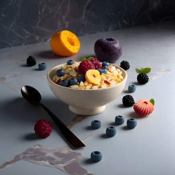 photo cereal in bowl and mixed fruit on marble background Food photography