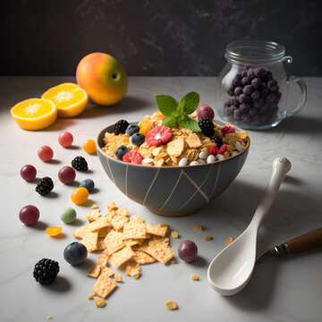 photo cereal in bowl and mixed fruit on marble background Food photography