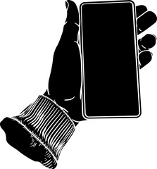A hand holding a mobile phone in a vintage old woodcut etching style