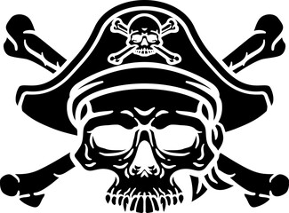 A pirate skull and crossbones jolly roger grim reaper cartoon wearing captain a hat and eye patch