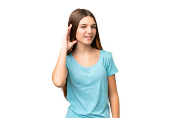 Teenager girl over isolated chroma key background listening to something by putting hand on the ear