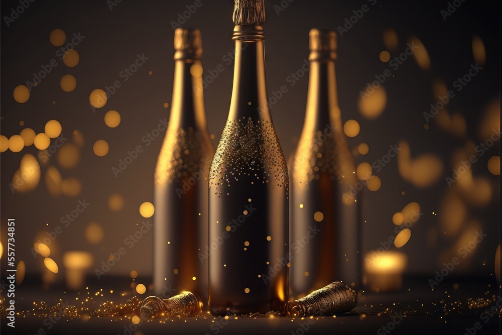 Poster a group of three bottles of champagne with a cork on a table with gold glitters around them and a bo