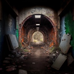 A spooky empty underpass filled with graffiti and garbage. - obrazy, fototapety, plakaty