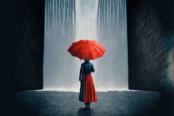 A girl with an umbrella stands under a waterfall