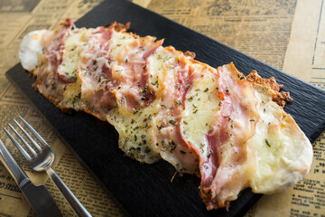 Bacon pizza with mushrooms. Neapolitan pizza with mozzarella cheese and bacon. Authentic Italian recipe.