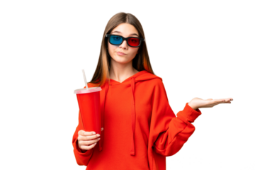 Teenager girl in a cinema over isolated chroma key background having doubts while raising hands