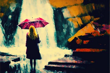 A girl with an umbrella stands under a waterfall