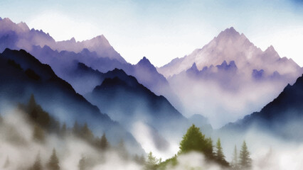 Beautiful Mountains Landscape Watercolor Painting Vector Illustration
