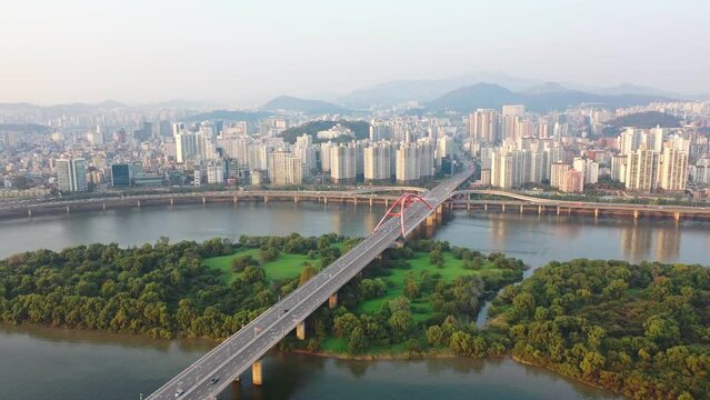 [korea drone footage] Han river landscape, Korea, Seoul, Yeouido, Mini island