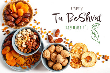 Mix of dry fruits and nuts   in a wicker plate, branch with young green leaves. Concept of the Jewish holiday. Vertical banner with the inscription Tu Bishvat in English and Hebrew - obrazy, fototapety, plakaty