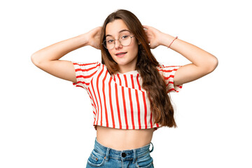 Teenager girl over isolated chroma key background laughing