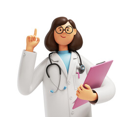 3d render. Cartoon character caucasian woman doctor holds clipboard, wears glasses and uniform. Index finger shows up. Healthcare recommendation