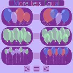 count the balloons in the picture and put a sign greater than, less than or equal