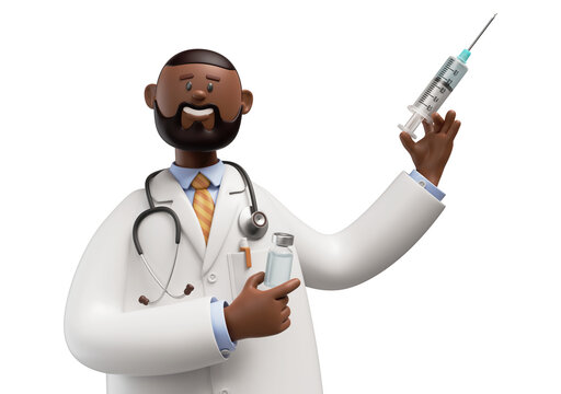3d render. Happy doctor with vaccine against coronavirus, african cartoon character holds syringe. Vaccination and immunization, medical healthcare concept.