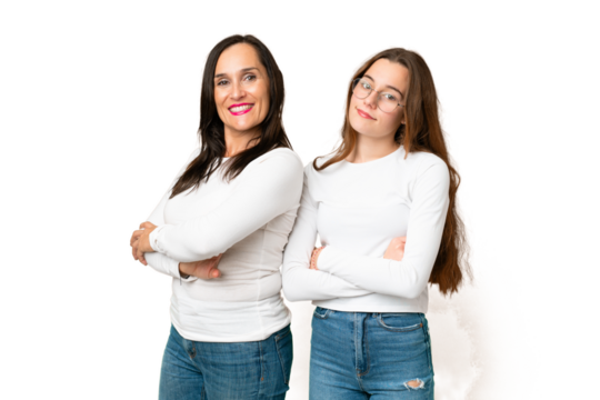 mother and daughter over isolated chroma key background keeping the arms crossed in lateral position while smiling - Powered by Adobe