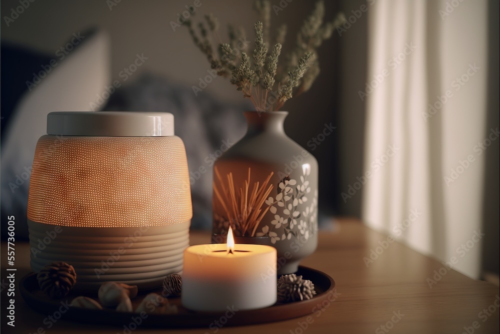Aufkleber a candle and some vases on a table with a bed in the background and a window behind it., generative ai