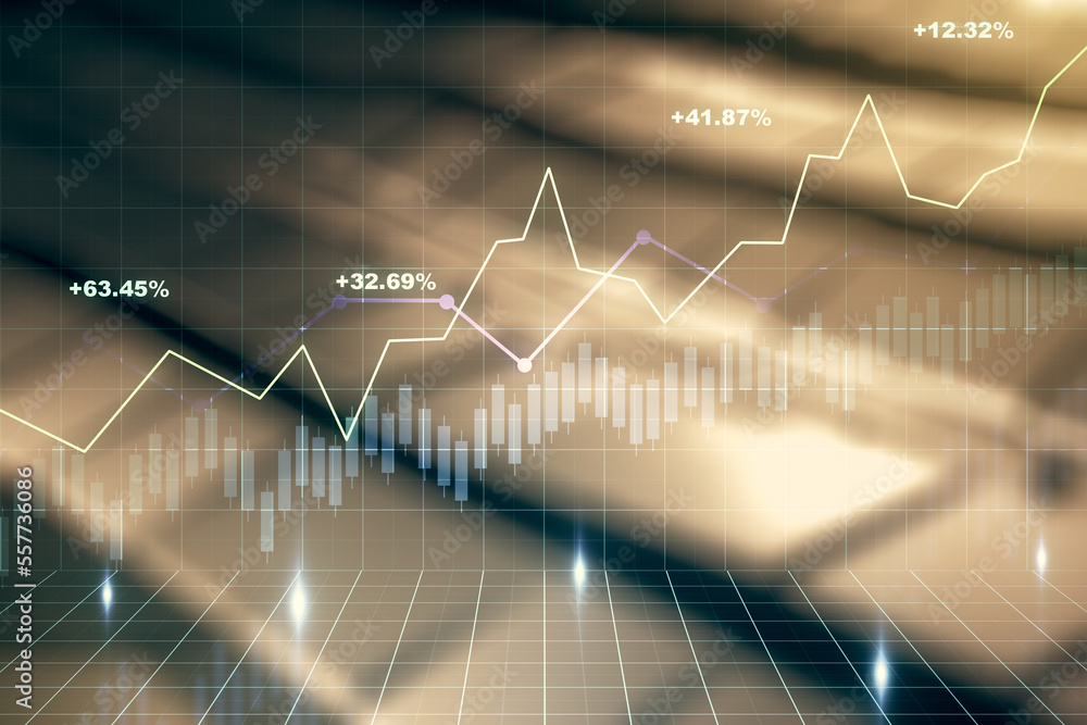 Poster multi exposure of virtual abstract financial graph interface on abstract metal background, financial