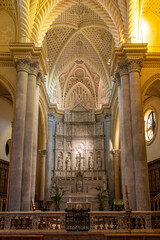Nave with high altar of the Chiesa Madre, the cathedral of Erice in Sicily. The church was built in 1312 under King Frederick II using materials from a pagan temple originally located there