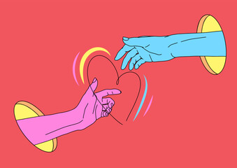 90s style Happy Valentine's day card with linear hands, heart. Male and female hand reaching out to each other