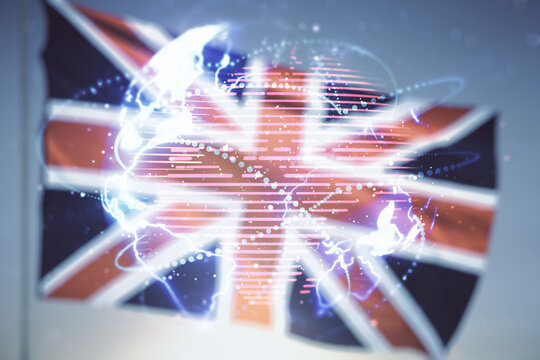 Double exposure of abstract digital world map hologram with connections on flag of Great Britain and blue sky background, big data and blockchain concept