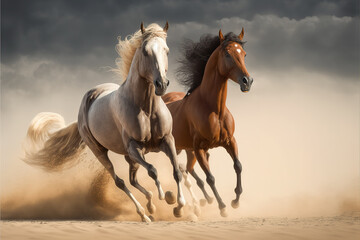 Naklejka na ściany i meble two Arabian stallion horse running in action at Sahara desert generative ai