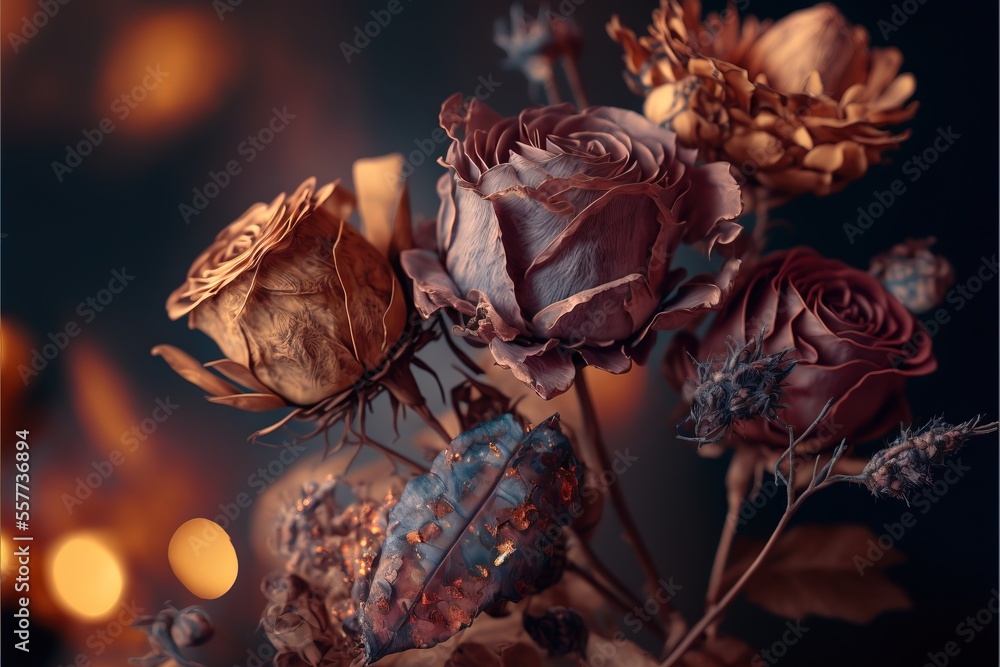 Poster a bunch of flowers that are sitting on a table together with lights in the background and a blurry b