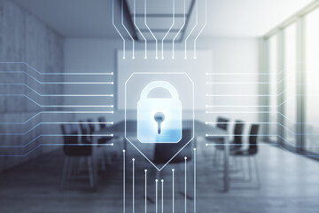 Virtual creative lock symbol and microcircuit illustration on a modern conference room background. Protection and firewall concept. Multiexposure