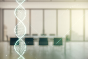 Double exposure of creative DNA hologram on a modern meeting room background. Bio Engineering and...