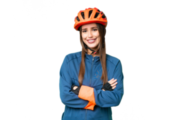 Young cyclist woman over isolated chroma key background keeping the arms crossed in frontal position