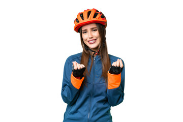 Young cyclist woman over isolated chroma key background making money gesture