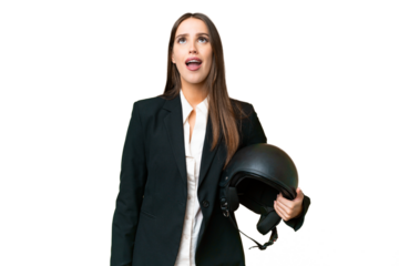 Young Asian woman with a motorcycle helmet over isolated chroma key background looking up and with surprised expression