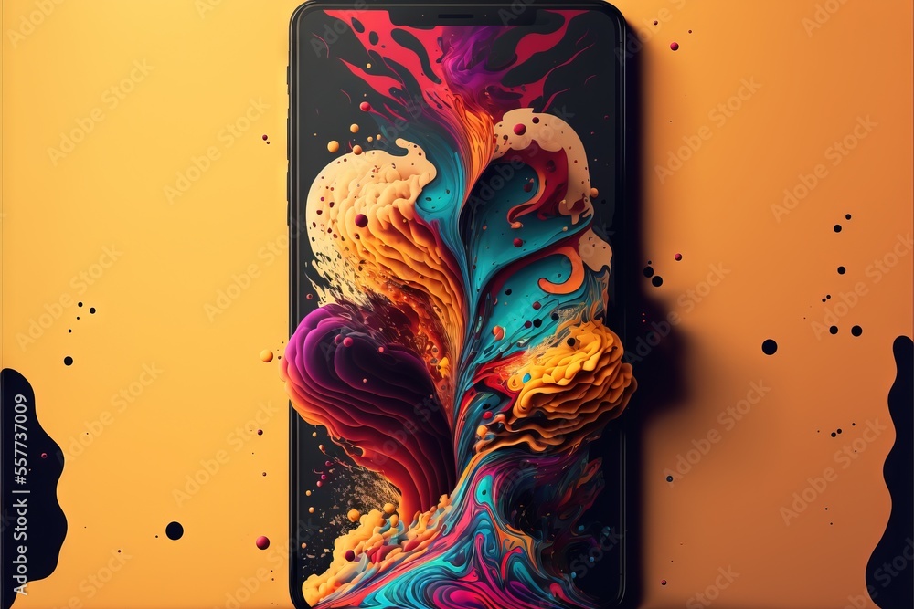 Poster a phone with a colorful design on it sitting on a yellow surface with a black background and a black
