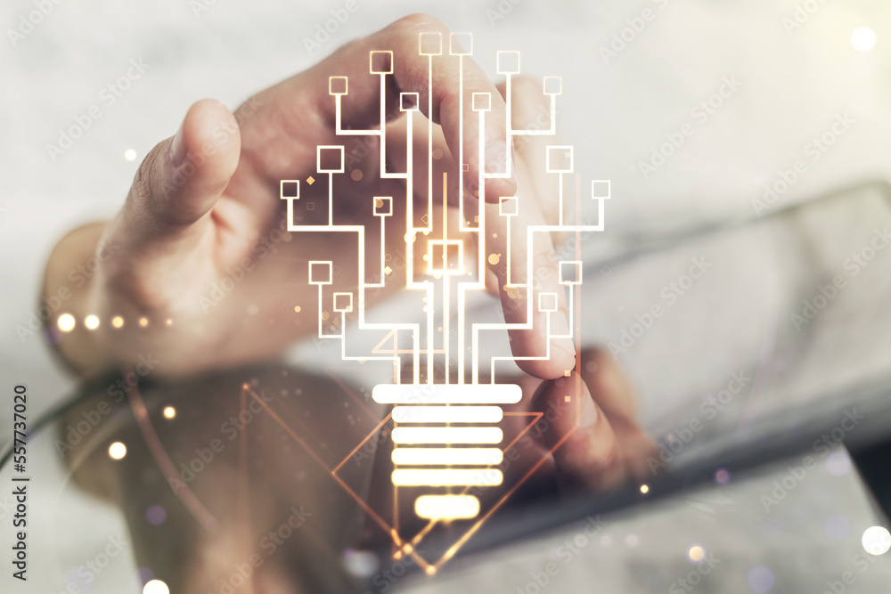 Aufkleber double exposure of creative light bulb hologram with chip and finger clicks on a digital tablet on b