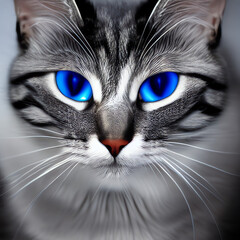 A.I, Generative - face of a black and white cat with ice blue eyes.