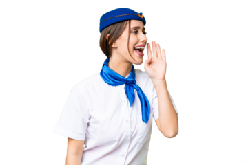 Airplane stewardess over isolated chroma key background shouting with mouth wide open to the lateral