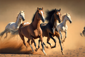 Obraz na płótnie Canvas Group of Gallop of Arabian Horses in Dust at Sahara Desert , generative ai 