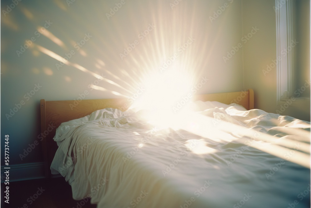 Poster a bed with a white comforter and a bright light coming through the window behind it on a sunny day., generative ai