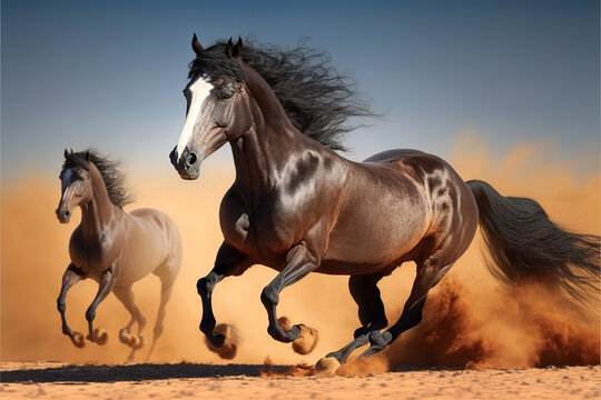 two Arabian stallion horse running in action at Sahara desert  generative ai      